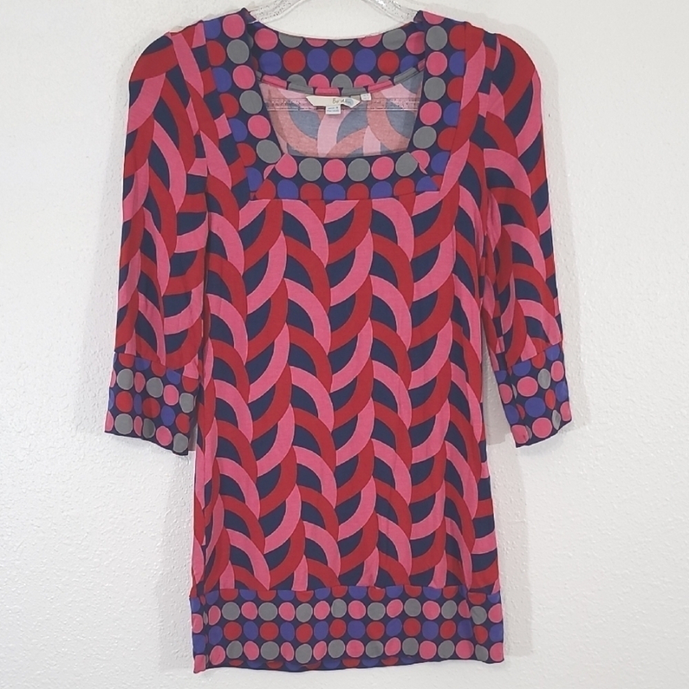 BODEN Women's Geometric Pink/Red/Blue Multicolor 3/4 Sleeve Tunic Top, size 2